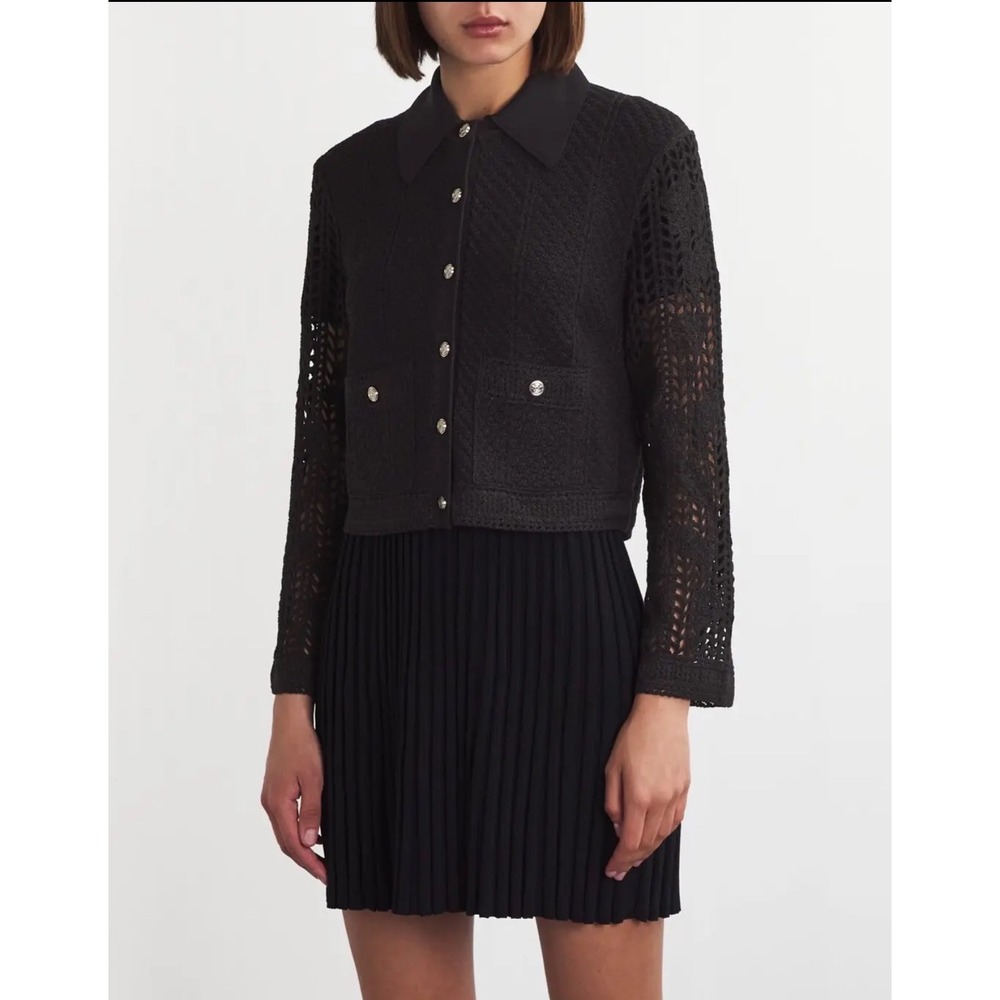 Maje Black Crochet Openwork Knit Cardigan Small Size 1